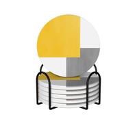 Bloque geométrico Amarillo, Gris y Blanco,Posavasos Redondos de cerámica, Almohadilla para Tazas, Juego de 6 Posavasos para Bebidas