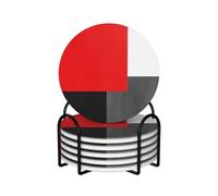 Bloque geométrico Rojo, Gris, Negro y Blanco,Posavasos Redondos de cerámica, Almohadilla para Tazas, Juego de 6 Posavasos para Bebidas