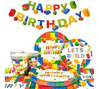Bloques de construcción de vajilla para fiestas, 16 invitados Building Block para fiestas, set Building Block Banner de cumpleaños platos, tazas, servilletas, manteles, etc. Vajilla para fiestas de