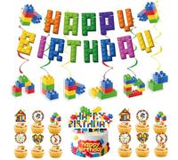 Bloques de construcción decoración de cumpleaños - Happy Birthday Banner & Cake Topper & Spirale Colgante Decoración de Bloque de Construcción para Pasteles Guirnalda Decoración para Cumpleaños