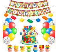 Bloques de Construcción Decoración de Fiesta, 53 Pcs Bloques de Construcción Decoración de Cumpleaños - Pancarta de Bloques Globos Decoracion Tarta etc Suministro de Fiesta de Bloques de Construcción