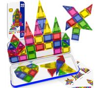 Bloques magneticos construccion niños Magnetic Tiles Definitivos para Viaje: ¡40 Piezas Mini Magnéticas para Niños 4-8 Años! Juegos Silenciosos en Coche + Actividades de Viaje en Caja Metálica Piezas
