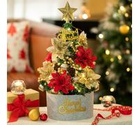 BLOSMON Árbol de Navidad Pequeño con Luces: Árbol de Navidad Miniatura Rojo Dorado de 60 Cm con Temporizador y 50 Luces LED Para Decorar El Centro de la Mesa - Poinsettia Artificiales para la Chimenea