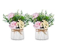 BLOSMON Decoracion de Mesa Flores Artificiales Jarrón Pequeña Flor Falsa Rosa 2PC para centros de Mesa Cocina Comedor Decoraciones Flor de imitación en florero Mesa de Centro Rosas de Seda