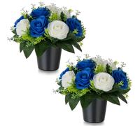 BLOSMON Flores Artificiales para Sepultura en Maceta, 2 Pcs, Rosas Azules