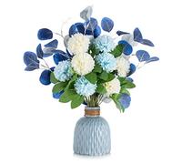 BLOSMON Flores Centro de Mesa Decoraciones Florero Hortensias Flores Artificiales en Jarrón Azul Marino Arreglos Florales con Jarrón Isla de Cocina Living Comedor Decoración Accesorios de Baño