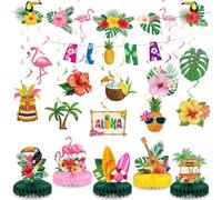 Blosssound 27 piezas de decoraciones hawaianas Luau Luau para colgar cumpleaños, remolino Aloha, pancarta de fiesta tropical, panal, centro de mesa, palma, flamenco, piña, letrero para verano