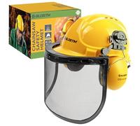 BLOSTM Casco de motosierra amarillo con visera, casco de seguridad con orejeras integradas y visera de malla de acero