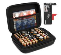 BLOSTM Estuche de almacenamiento de batería con probador, organizador de batería portátil con 64 ranuras para AAA, AA, 9 V C, D, pila de botón, compacta y robusta funda de transporte para baterías (no