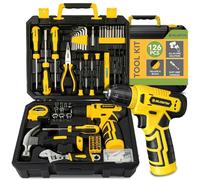 BLOSTM Kit de herramientas de 126 piezas con taladro inalámbrico de 8 V y herramientas manuales para bricolaje, reparaciones del hogar, caja de herramientas portátil con destornilladores, brocas