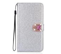 BLOTECH Brillantini Funda para Samsung Galaxy A22 5G Cover Bling Glitter Brillantini Brillante Plata Shiny Leather Case Shell Wallet Premium PU y Shiny Brillantes 3D Corazón Botón Rhinestone Cover