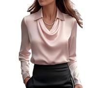 Blouses for Women Dressy Casual, Cowl Neck Long Sleeve Satin Silk Blouse, Elegant School Office Work 2025 Fall Outfits (Pink,S)