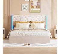 BLSYHDH Cama acolchada con baúl LED 160 x 200 - Matrimonial de franela con cajón hidráulico (Beige)