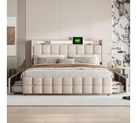 BLSYHDH Cama baúl 160 x 200 con LED, cama tapizada con 4 cajones, doble puerto de carga USB, cama de matrimonio 160 x 200