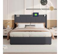 BLSYHDH - Cama con maletero de 140 x 200, cama acolchada hidráulica con baúl de cama doble con almacenamiento con cabecera y somier de láminas (gris+lino, 140 x 200)