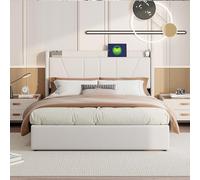 BLSYHDH - Cama con maletero de 140 x 200, cama acolchada hidráulica con baúl de cama doble con almacenamiento con cabecera y somier de láminas (Beige+Lin, 140 x 200)