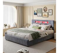 BLSYHDH - Cama con maletero de 140 x 200 cm con LED, cama acolchada LED hidráulica con baúl de cama doble con almacenamiento con cabecera de cama y somier de láminas (gris+terciopelo, 140 x 200)
