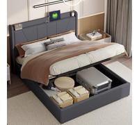 BLSYHDH - Cama con maletero de 160 x 200, cama acolchada hidráulica con baúl de cama doble con almacenamiento con cabecera y somier de láminas (gris+lino, 160 x 200)