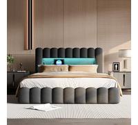 BLSYHDH - Cama con maletero de 160 x 200, cama acolchada LED hidráulica con baúl de cama doble con almacenamiento con cabecera y somier de láminas (Gris+Lin-A, 160 x 200)