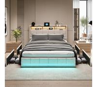 BLSYHDH - Cama de 160 x 200 cm con LED, cama doble con 4 cajones de cama acolchada con baúl de cama con 2 interfaces USB y 1 tipo C (Beige+Lin, 160 x 200)
