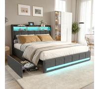 BLSYHDH - Cama de 160 x 200 cm con LED, cama doble con 4 cajones de cama acolchada con baúl de cama con 2 interfaces USB y 1 tipo C (gris+lino, 160 x 200)
