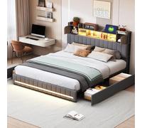 BLSYHDH - Cama de maletero de 140 x 200 cm, con LED, cama acolchada con 4 cajón, doble puerto de carga USB de cabecera con baúl de cama para 2 personas LED (Gris+Lin-A, 140 x 200)