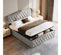 BLSYHDH - Cama de maletero de 140 x 200 cm, con somier, cama acolchada LED hidráulica con baúl de madera con almacenamiento y cabecera de cama para 2 personas camas para adultos, maletero