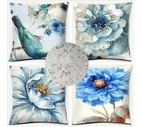 Blu Federe per Cuscini Impermeabili Esterno 55 x 55 cm, Fiori bianchi Copricuscini Divano Quadrati Decorativi in Lino con Cerniera Invisibile per Soggiorno Divano Camera da Letto Confezione da 4-6531