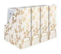 BLU MONACO Juego de 4 cajas de almacenamiento plegables decorativas para revistas para escritorio, con patrón floral dorado y soporte para etiquetas doradas, cajas ideales para libros o organizador