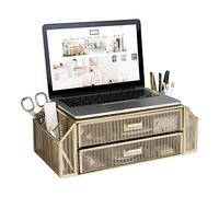 BLU MONACO Soporte dorado para monitor con cajón, elevador de monitor de computadora con almacenamiento, soporte para computadora portátil para escritorio con almacenamiento, organizador para laptop,
