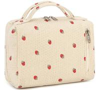 Bluboon Bolsa de Maquillaje con Cremallera, Organizador portátil de Viaje para Mujeres y niñas, Pana Beige Fresa, Neceser de Pana Color Beige Fresa