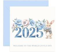 Blue 2025 Welcome To The World Little One - Tarjeta de felicitación para mamá, papá, recuerdo, regalos sentimentales para padres y abuelos para celebrar el nacimiento de hijo nieto, bonito conejo