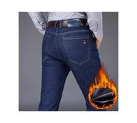(Blue, 36) HKEDES New Men's Fleece Warm Jeans Winter Thicken Plush Velvet Business Office Denim Trousers Brand Clothing Stretch
