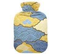 Blue and Gold - Botella de agua caliente japonesa con diseño de olas y nubes con cubierta suave, bolsa de agua de 2 L para dolor muscular, dolor muscular