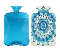 Blue Boho - Botella de agua caliente con tapa, bolsa de agua caliente de 2 litros para aliviar el dolor, cuello y hombros, calentador de manos y pies