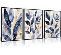 Blue Botanical Wall Art Abstract Leaf Minimalist Botanical Painting Blue Gold Leaves Canvas Prints for Living Room(70x90cm x 3/Inner frame)