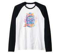 Blue Buddha Kawaii Spiritual Retrato Gráfico Gafas Rosa Camiseta Manga Raglan
