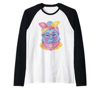 Blue Buddha Kawaii Spiritual Retrato Gráfico Gafas Rosa Camiseta Manga Raglan