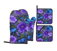 Blue Butterfly - Juego de 4 manoplas de horno y soportes para ollas, resistentes al calor, guantes de horno de flores moradas y almohadillas calientes para hornear, cocinar, asar a la parrilla