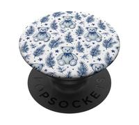 Blue Christmas Toile Teddy Bear Vintage French Country PopSockets PopGrip Adhesivo