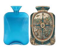 Blue Compass - Bolsa de agua caliente pintada con brújula náutica con tapa, bolsa de agua caliente de 2 L para aliviar el dolor, cuello y hombros, calentador de manos y pies