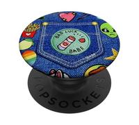 Blue Denim Patch Pattern Bad Luck Babe 90s Diseño estético PopSockets PopGrip Adhesivo