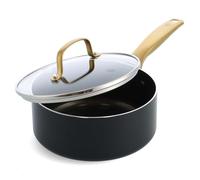 Blue Diamond Gold Cazo Antiadherente Cerámico con Infusión de Diamante de 18 cm/ 1,9 Litros con Tapa de Cristal, Libre de PFAS, Inducción, Lavavajillas, Apto para Horno, Mango Dorado, Negro