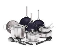 Blue Diamond Triple Steel Batería de Cocina de 15 Piezas de Acero Inoxidable con Cerámica Antiadherente, Incluye Sartenes y Cacerolas, Sin PFAS,Multicapa,Apta para Inducción,Honor y Lavavajillas,Plata