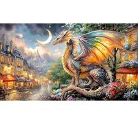 Blue-Dragon-amidst-Flowers-and-Moon 1000 Piezas Puzzle en Papel Reciclado para Adultos Regalo Divertido Actividad en casa Juego Educativo Idea 70x50/1000pcs