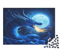 Blue Dragón Roaring at The Luna,Fuego Que escupe Rompecabezas Sostenibles Estampados para Adultos De Madera De 1000pcs (75x50cm)