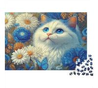 Blue-Eyed Cat Floral Colourful White Cat in Flowers 1000 Pcs Puzzle for Adults Beautiful Decoration Puzzle Fun Present 70x50cm/1000pcs
