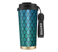 Blue Fish Scale - Botella de agua con tapa con pajilla, acero inoxidable, boca ancha, aislada, a prueba de fugas, para mujer, color negro