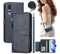 (Blue) Flip Case for Huawei P20 Pro Protection Soft PU Leather Zipper Wallet Cover with Card Holder and Long Strap