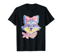 Blue Fox Retrato Animal Lover Graphic Pink Glasses Bow Camiseta